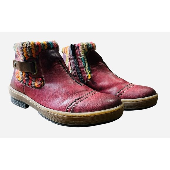 Rieker Boots Women 8.5 Red‎ Leather Knit Trim Ankle Booties Comfort Zip Casual - Picture 1 of 9
